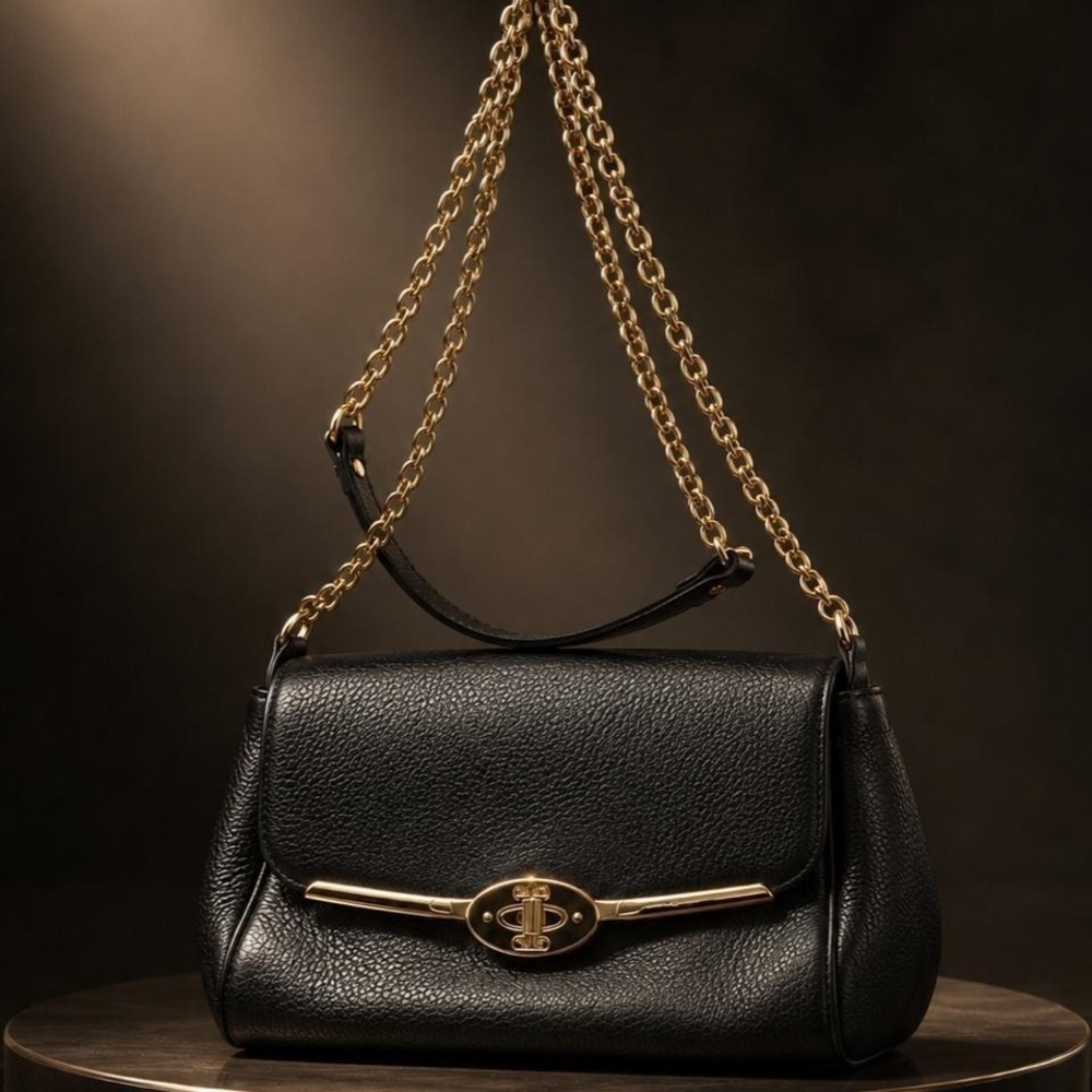 Coach Black Pebbled Leather Crossbody Bag Gold Chain Turnlock Flap Bag